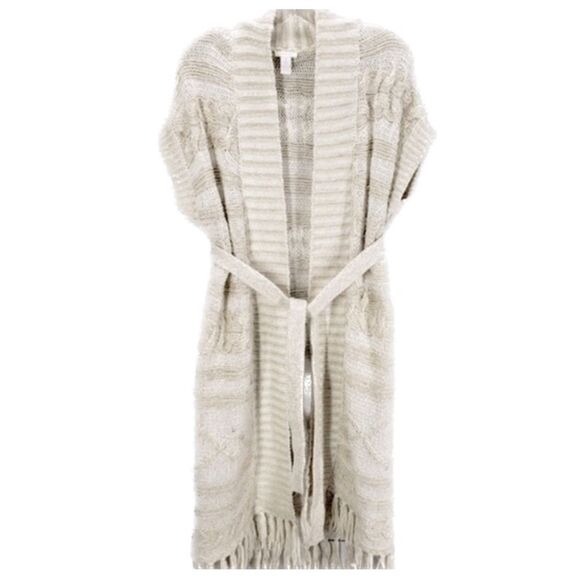 Chico's Sweaters - CHICO’S | Duster Connie Cable Knit Vest Long Cardigan Fringe Belted Boho Angora